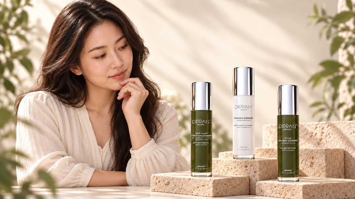Woman considering three Dirran Organic cleansers to choose one for her skin type.