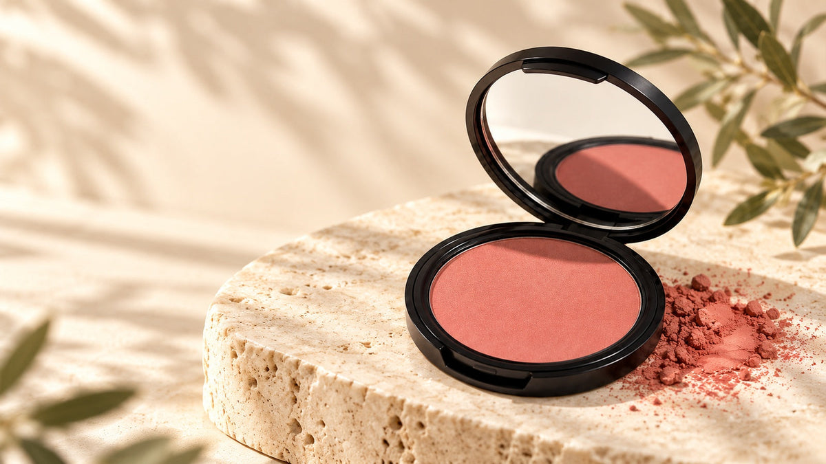 Open Dirran Organic pressed blush compact on cream stone.
