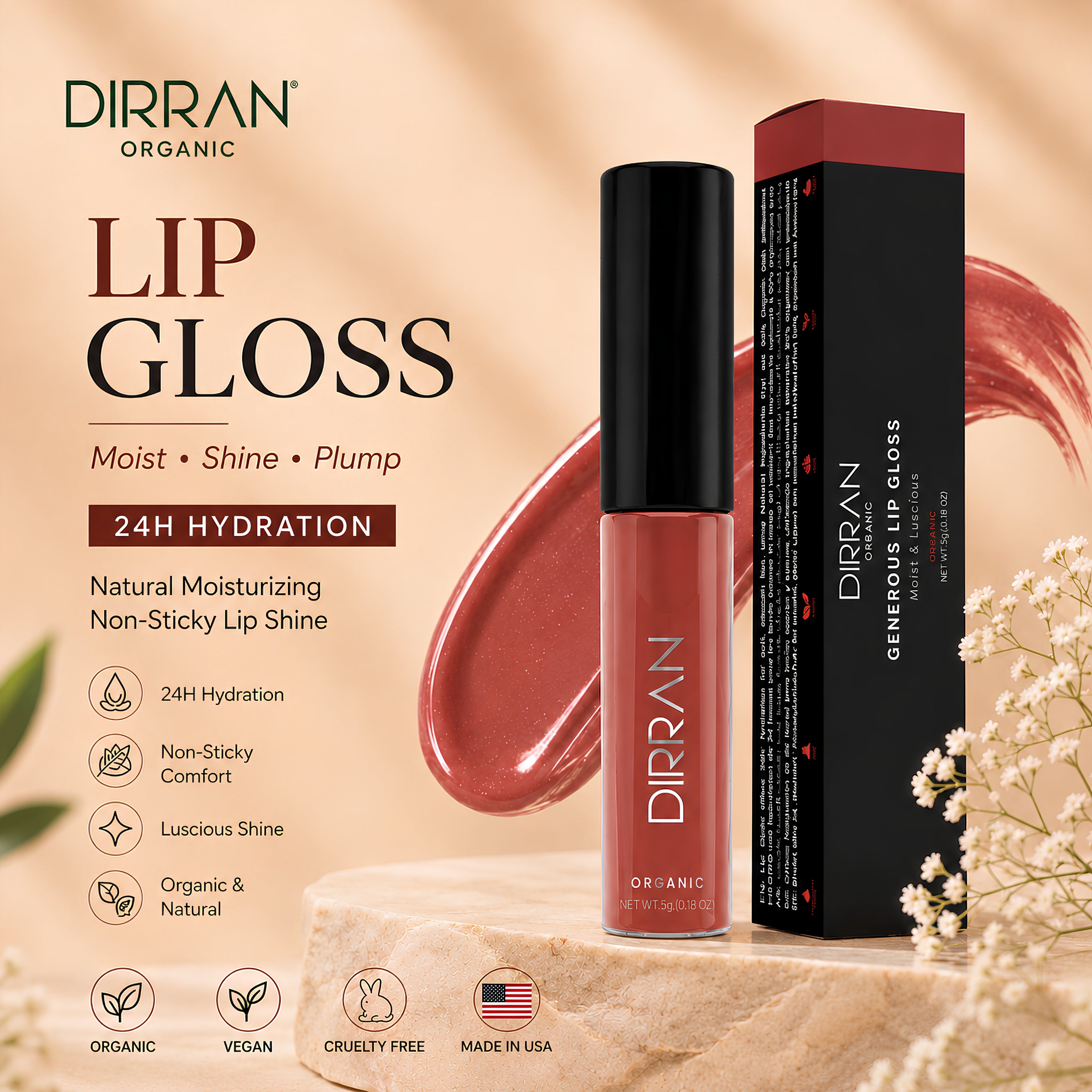 Organic Lip Gloss – 24hr Hydration, Nourishing & Antioxidant-Rich