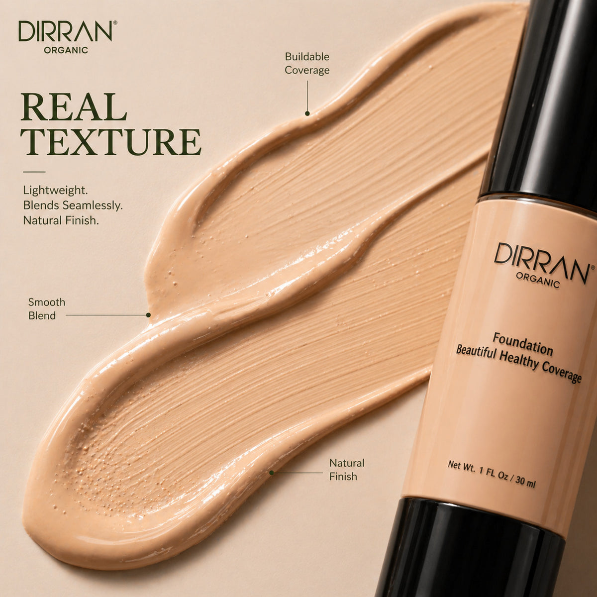 Dirran Organic Foundation bottle shown next to a large smear of the beige liquid foundation on a warm beige background, with text callouts describing the product's lightweight, blendable texture and natural finish.
