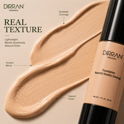 Dirran Organic Foundation bottle shown next to a large smear of the beige liquid foundation on a warm beige background, with text callouts describing the product's lightweight, blendable texture and natural finish.