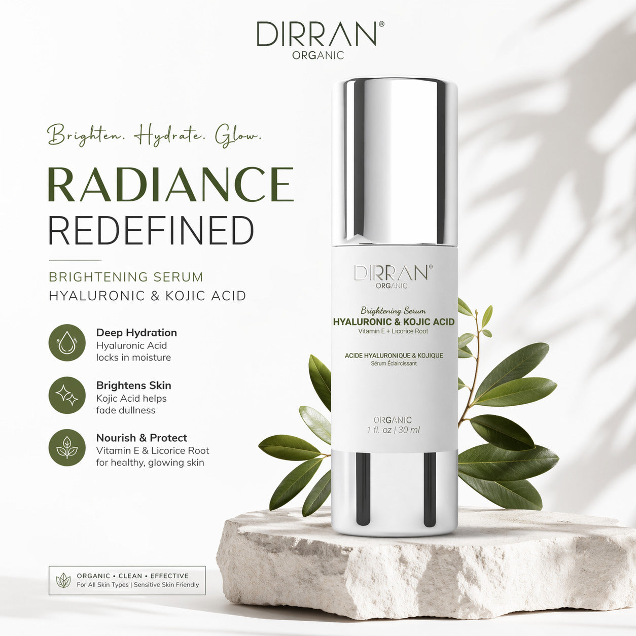 Brightening Serum – Hyaluronic & Kojic Acid with Vitamin E + Licorice Root (30ml / 1 fl.oz)