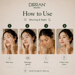 A beige instructional graphic for DIRRAN ORGANIC showing how to use a facial cleansing product in four steps: wet face, massage gently, rinse, and follow with toner. Each step includes a photo of a woman performing the action, with text labels below.