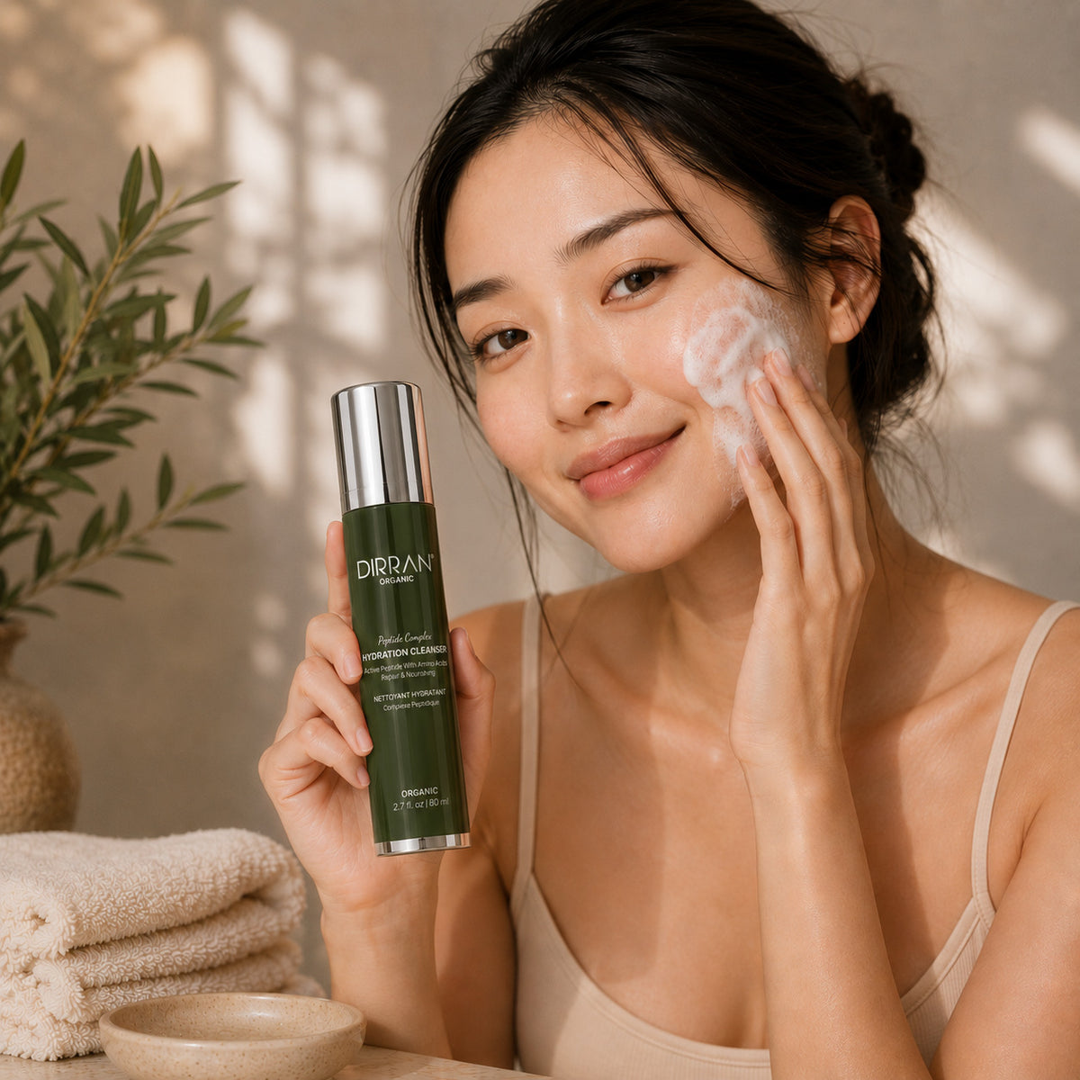 A woman with white foam on her face holds a green DRDAI skincare bottle while applying cream to her cheek in a warm, sunlit bathroom setting with folded towels and a plant.