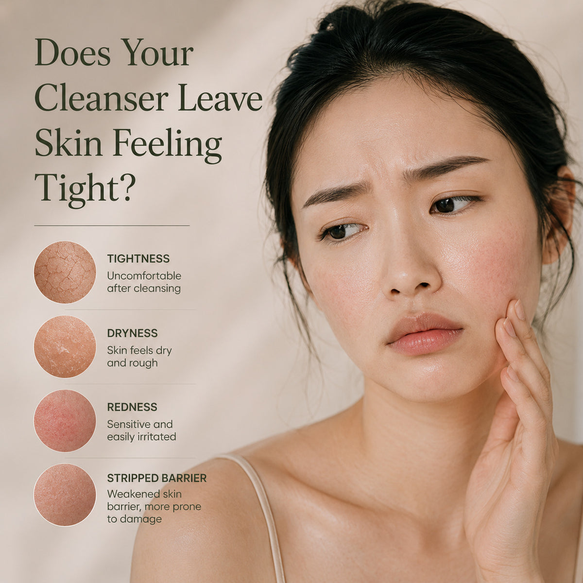 A close-up of a woman touching her cheek beside marketing text that asks, 'Does Your Cleanser Leave Skin Feeling Tight?' with four skin condition callouts: tightness, dryness, redness, and stripped barrier. No physical product is visible.