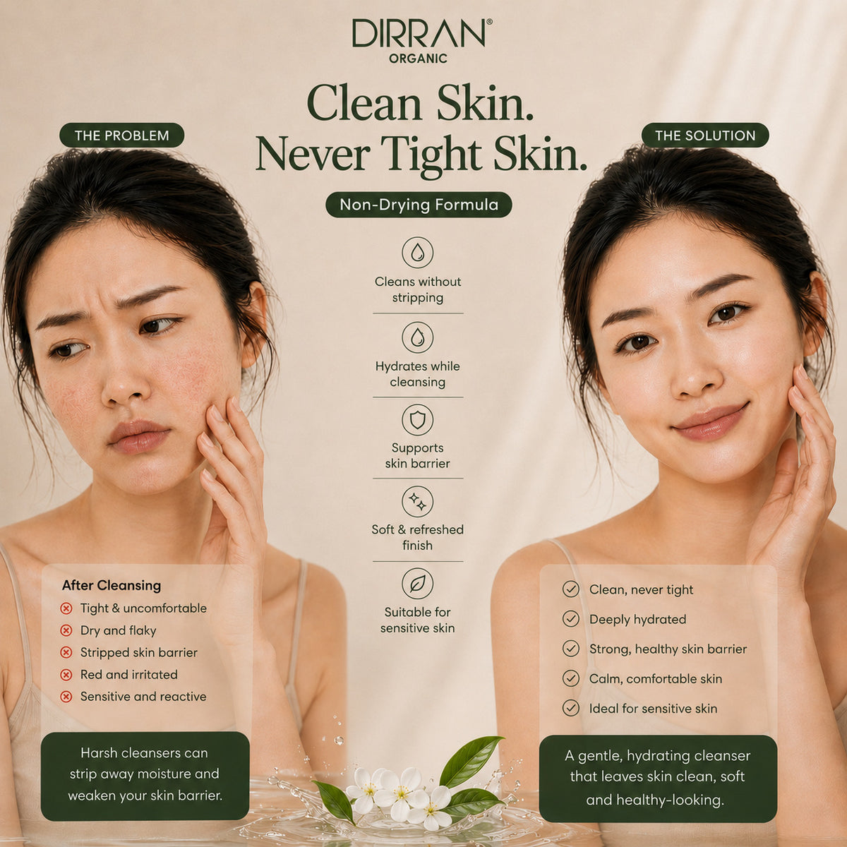 A promotional comparison graphic for DIRRAN ORGANIC Clean Skin Never Tight Skin non-drying formula, showing before-and-after skin results on two women against a beige background with text detailing the benefits of the cleanser.